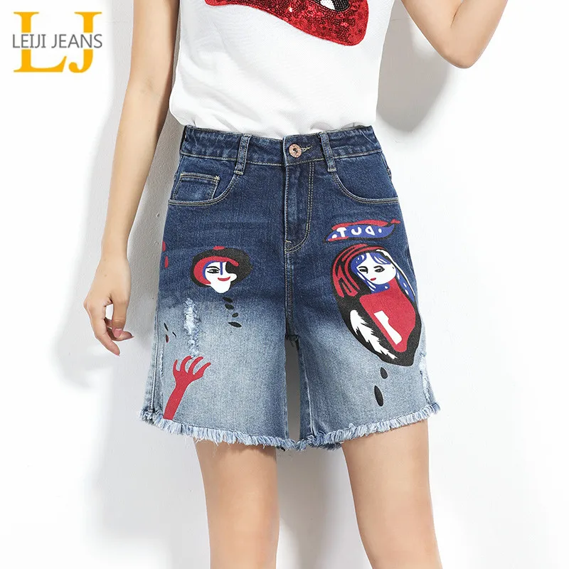 

2019 LEIJIJEANS New Arrival Women Jeans Mid Waist Fashion Painted Design Gradient Color Summer Plus Size Loose Straight Shorts