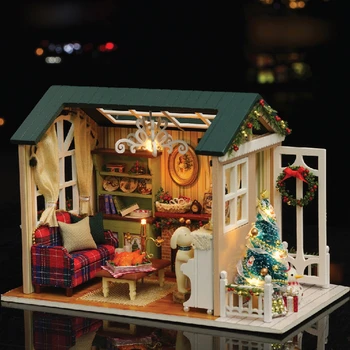 

Kids DIY Craft Mini Wooden House Furniture Handcraft Fun Flashing Christmas Miniature Box Kit Party Decorations Birthday Gift