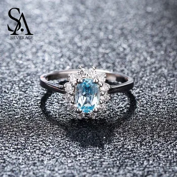 

SA SILVERAGE Real 925 Sterling Silver Blue Topaz Party fashion Ring for Women Fine Jewelry Adjustable Rings 2018 New Arrival
