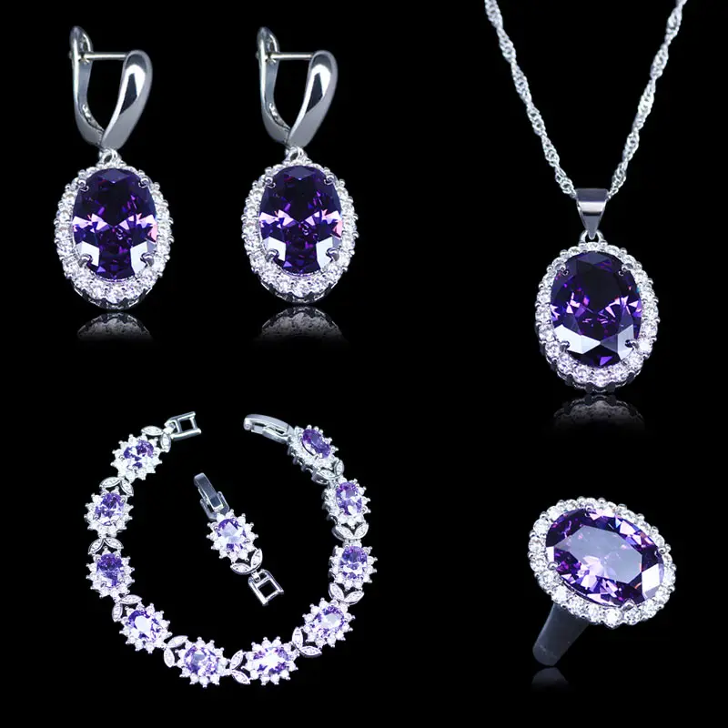 

Elegant Purple Round Rhinestone Women Silver Color 925 Mark Wedding & Party Jewelry Set For Women Bracelet earrings ring Pendant