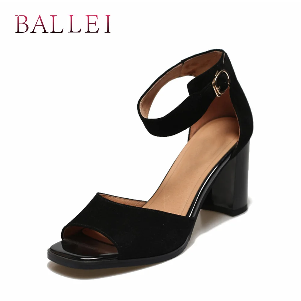 

BALLEI Basic Woman Luxury Sandals Handmade kid Suede Peep Toe Square Heel Ankle Strap Shoes Solid Soft Elegant Lady Sandals S105