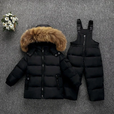 Комплекты одежды для детей зимние парки для девочек куртка на утином пуху с натуральным мехом+ штаны комбинезон для маленьких мальчиков, лыжные костюмы зимний комбинезон, TZ368 - Цвет: Black