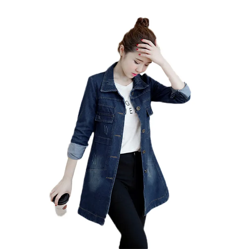 

Women Denim Outerwear 2019 Spring Autumn New Denim Trench Coat Female Medium Long Slim Single-Breasted Windbreaker Coats JIA81