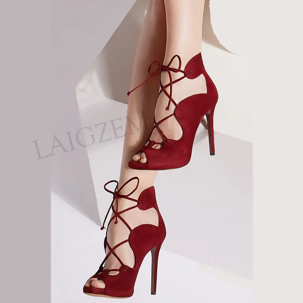 LAIGZEM Women Sandals Open Toe Faux Suede Stiletto Heels Sandals Pumps Sandalia Shoes Woman Sandalias Verano Large Size 34-52