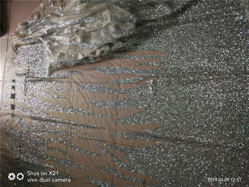

BZL-4.2002 New design african lace fabric glued glitter French tulle lace fabric in nude mesh silver glitter