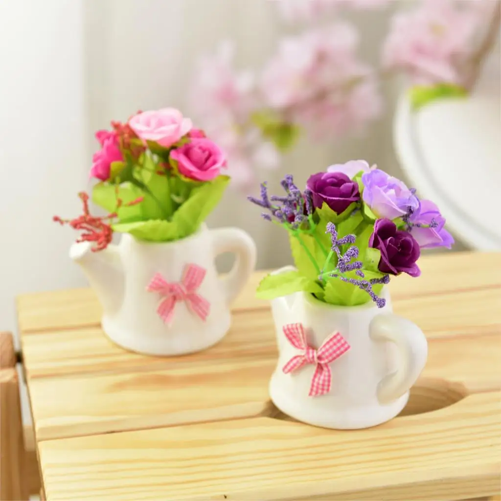 Beautiful Rose Artificial Flower Rose+Ceramic Pot Vase Mini Bonsai for Living Room Garden Decoration Farmhouse Decor Fake Flower
