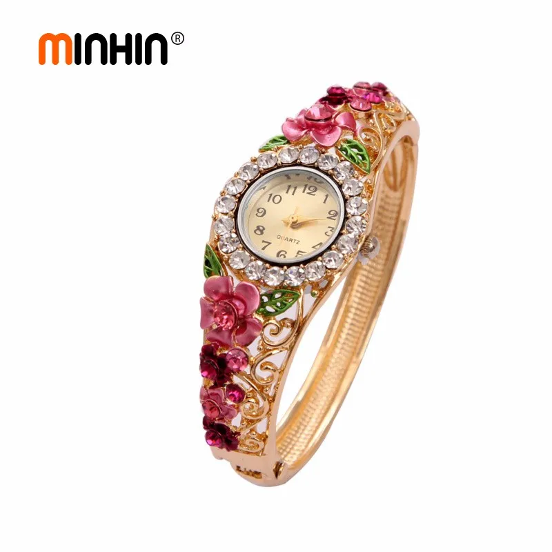 MINHIN, женские модные часы, ювелирные изделия, позолота, кристалл, цветок, женское платье, кварцевые часы, повседневные наручные часы, фирменный дизайн