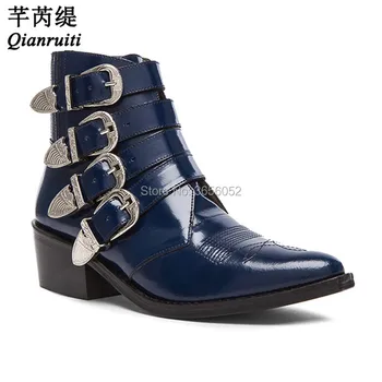 

Qianruiti Botas Mujer Chunky Heels Shoes Pointed Toe Leather Motorcycle Bootie Four Silver-tone Metal Buckle Straps Ankle Boots