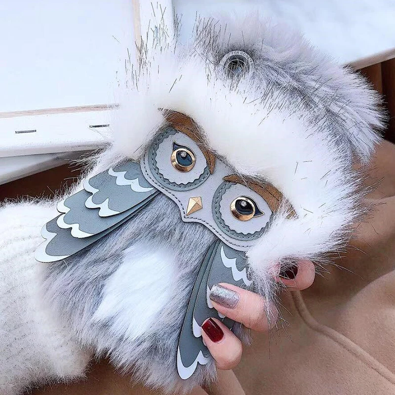 

Funny 3D Plush Fur Owl Furry Soft TPU Silicone Phone Cases for iPhone XS Max XR X 10 7 8 6s Plus Winter Warm Fluffy Cover Girly