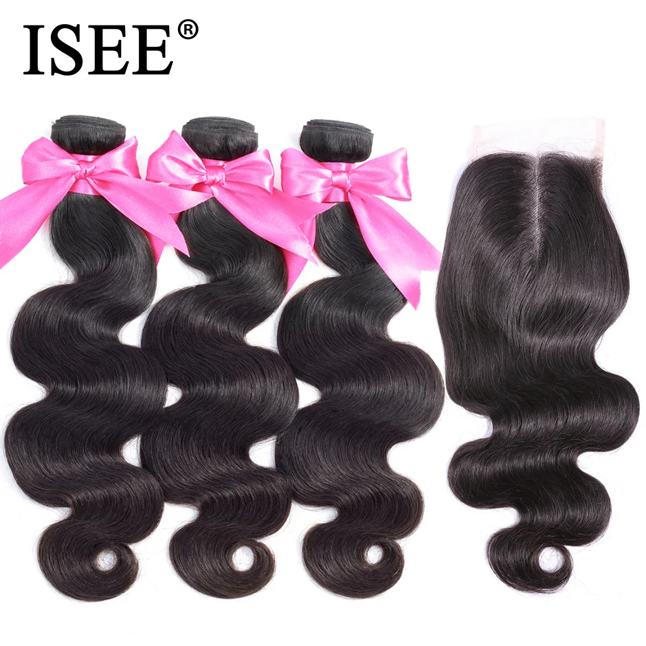 Body Wave Human Hair Bundles With Closure ISEE HAIR Body Wave Bundles With Closure Brazilian Hair Weave Bundles With Closure
