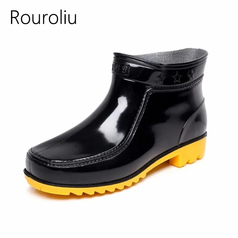 

Rouroliu Men Work Shoes Ankle Rainboots Slip-On PVC Waterproof Water Shoes Autumn Black Safety Rain Boots Wellies RT263