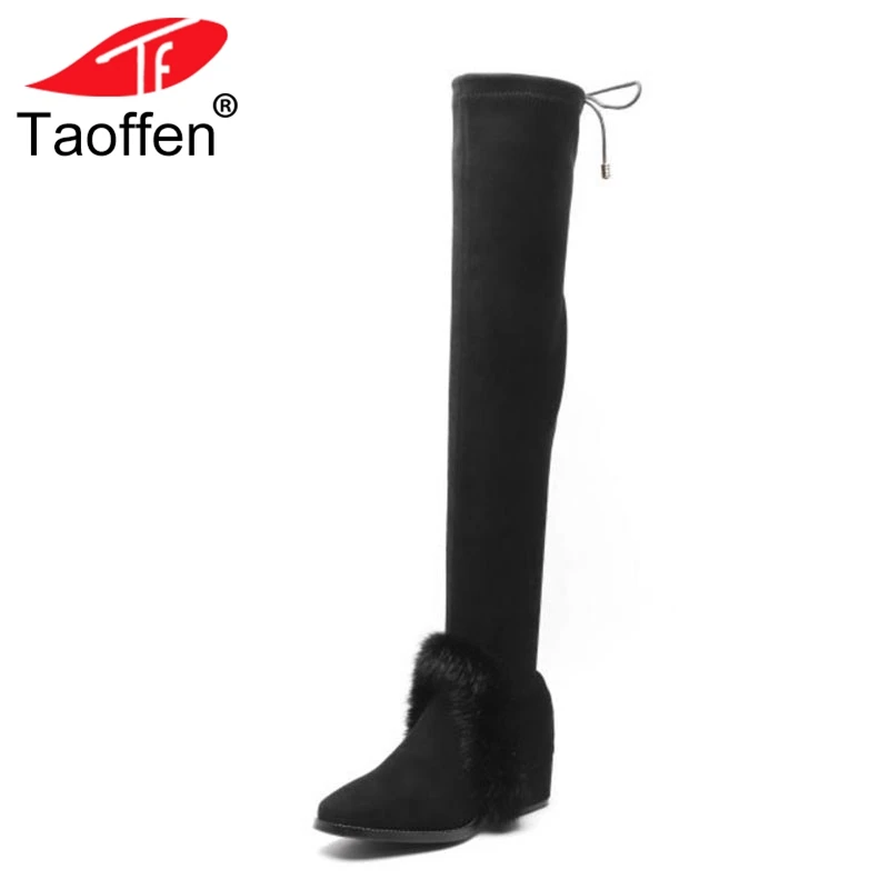 

TAOFFEN Sexy Women Real Leather High Heel Boots Bowknot Warm Fur Shoes Women Winter Over Knee Boots Fashion Shoes Size 33-44