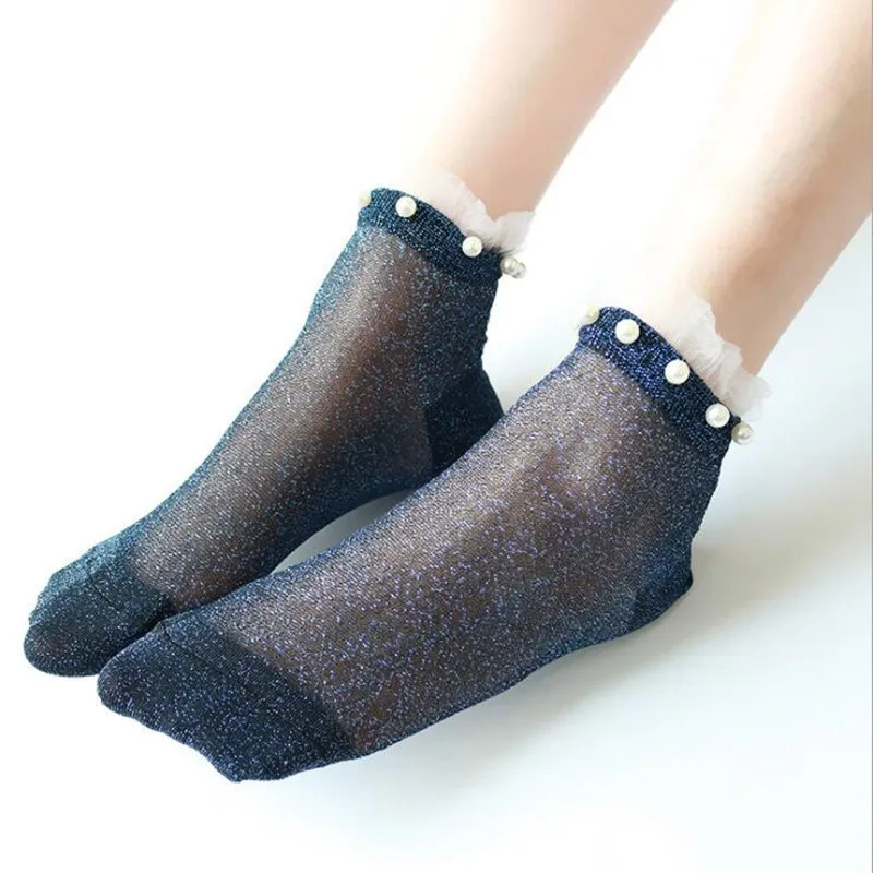 

1 Pair New Fashion Women Ankle Socks Girl Lady Glitter Shiny Pearl Sock Lace Mesh Thin Bead Gauze Transparent Soft Comfy Sox