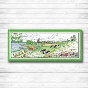 

Pasture scenery cow lakeside Diy painting dmc 14CT 11CT counted cross stitch Needlework Set Embroidery kits chinese cross stitch