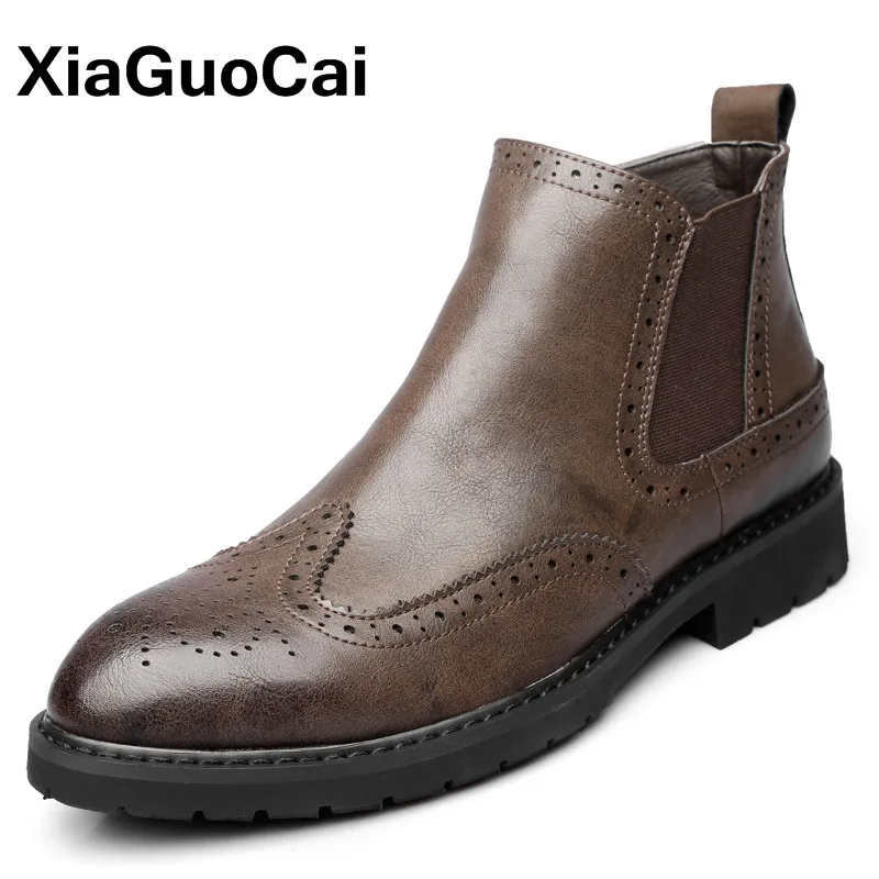 

Winter Men Ankle Boots Cow Leather Retro Chelsea Boots With Fur Round Toe Print Fashion High Top Brogue Men Shoes For Autumn