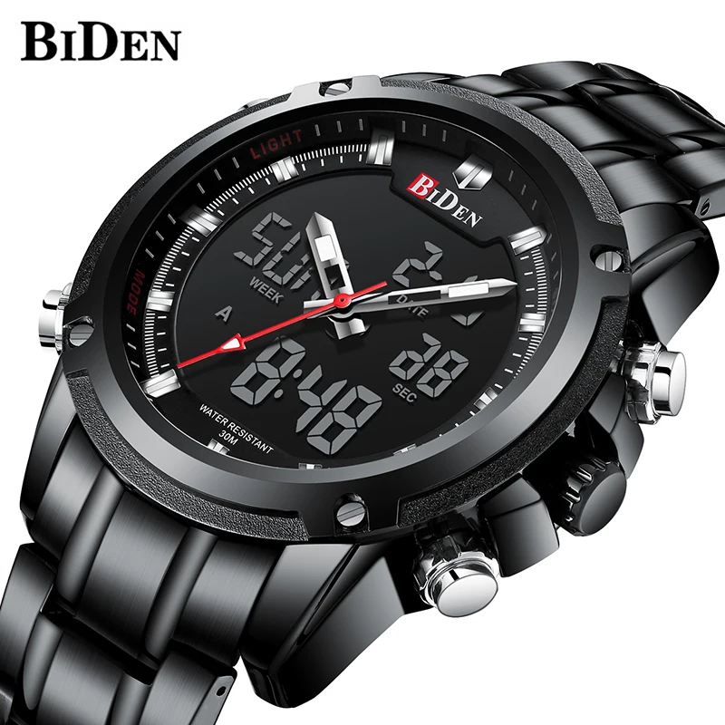 

luxury Mens Quartz Watches Led Dual Display Watch Sport Watches for Men Stainless Steel sports Waterproof Military Wristwatches