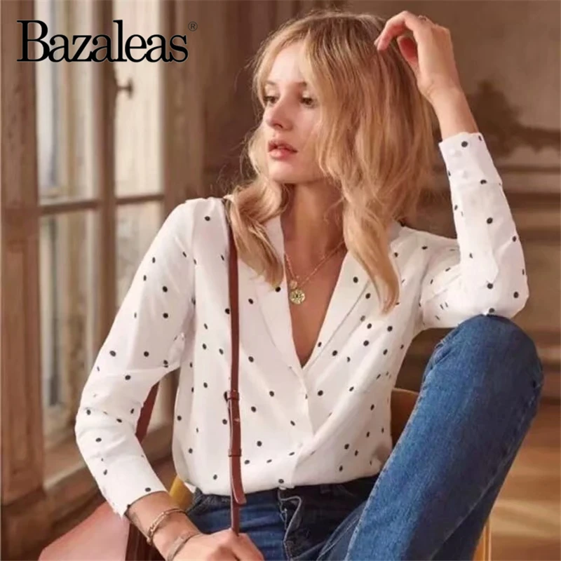 Bazaleas винтажная блузка с тонкими пуговицами Blusa Feminina женские топы в горошек blusas