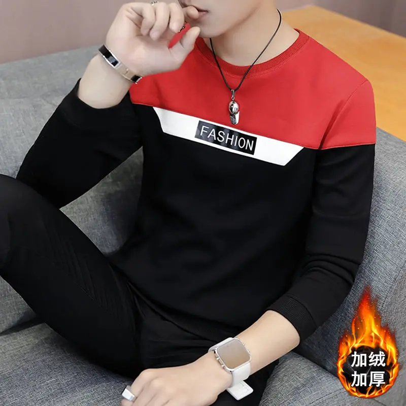

2019 fashion spring and autumn tops tees men's long-sleeved round neck cotton T shirt wild trend handsome clothes 22 colors
