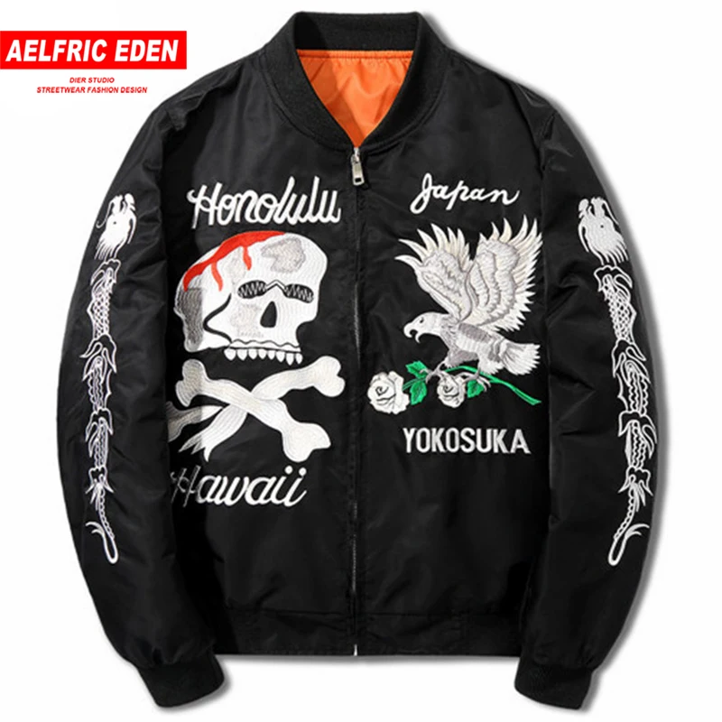 

Aelfric Eden Dropshipping Men Jackets Kanye West Bomber Jacket 2018 New Embroidery Skulls Eagle Spring Black Jacket Coat LQ02