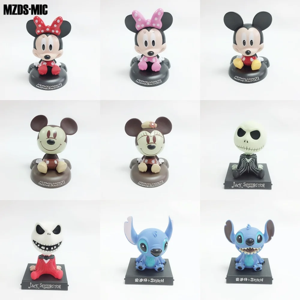 Cartoon Mickey Mouse Minnie Stitch Jack Skellington 12cm Bobble Head Dolls Anime PVC Action Figure Model Toys Car Decor | Игрушки и
