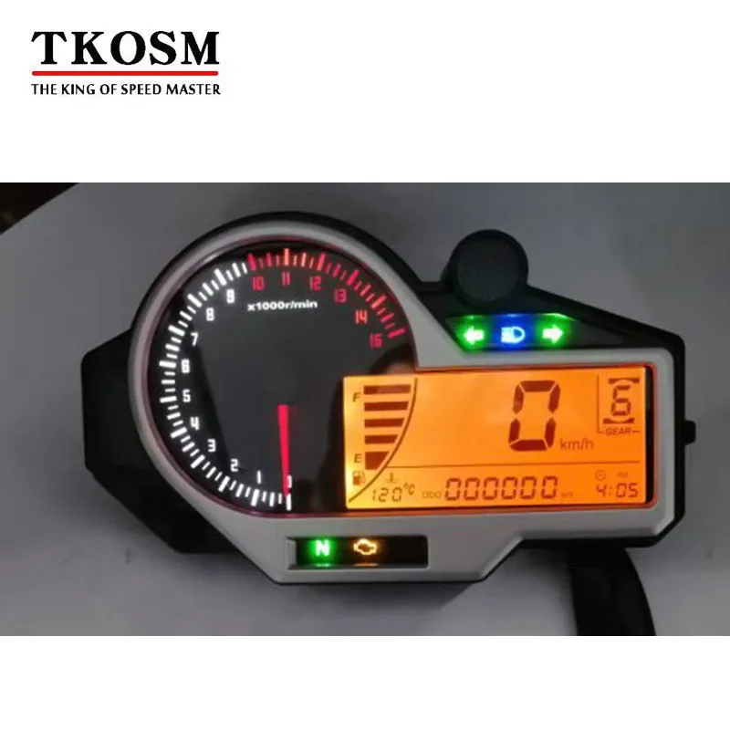 

TKOSM Universal Motorcycle 15000RPM Digital LCD Odometer Speedometer Tachometer Instruments with Speed Sensor 1-6 Gear Motocycle