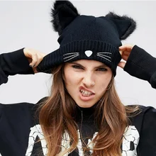 Новинка года Лидер продаж кошачьи уши для женщин шапка вязаная акриловая теплая зимняя шапочка шапки вязаный крючк