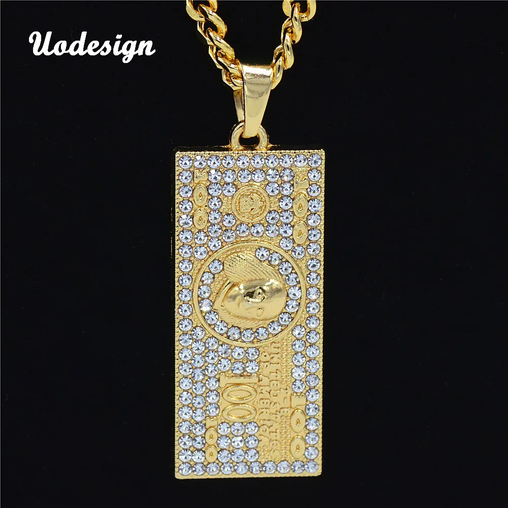 

Uodesign Hip Hop Iced Out Bling US 100 Dollar Pendant Necklaces Set Cuba Long Tag Pendant For Men Jewelry Gift