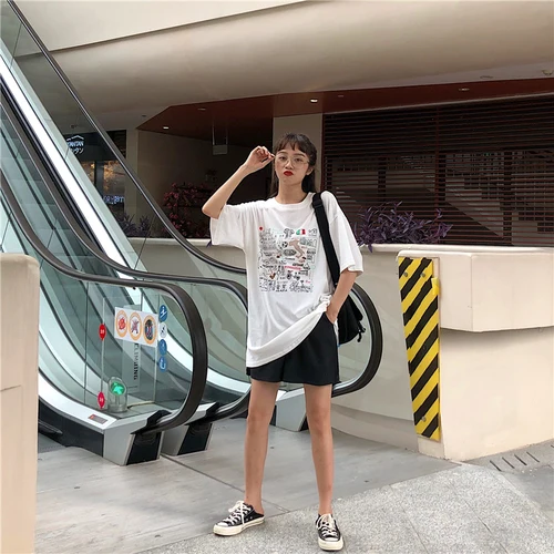 

Pattern Printed White Oversize Loose All Match 2019 Summer Basic All Match Fashion Female Women Cute Simple Short Sleeve T-shirt