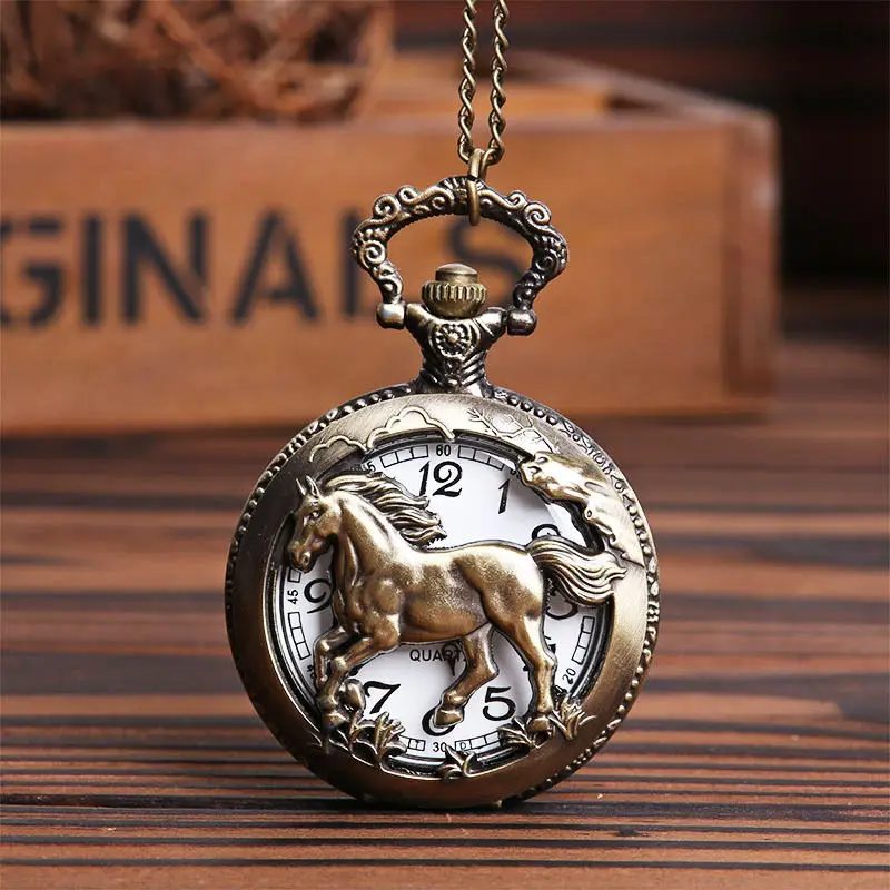 Античная бронзовая лошадь полый кварцевые карманные часы Цепочки и ожерелья цепь кулон Часы Для мужчин Для женщин подарок