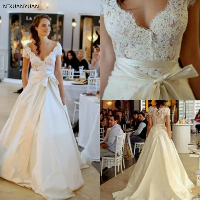 Винтажное кружевное свадебное платье трапециевидной формы с v-образным вырезом размера плюс, элегантное атласное свадебное платье с рукавом-крылышком, Robe De Mariee Vestidos De Novia
