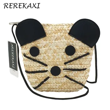 

Cute Mouse Wheat Straw Beach Bag Woven Women's Shoulder Crossbody Bags Female Messenger Bag Mini Handbag Zero Purse Travel Pouch