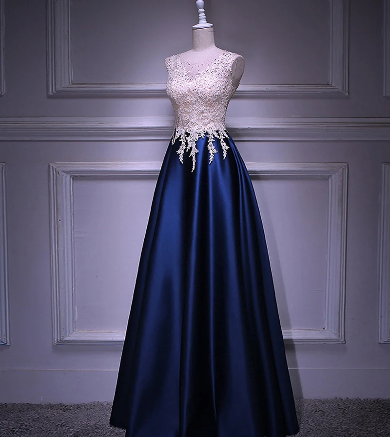 Navy Blue Satin Sleeveless Long Prom Dress