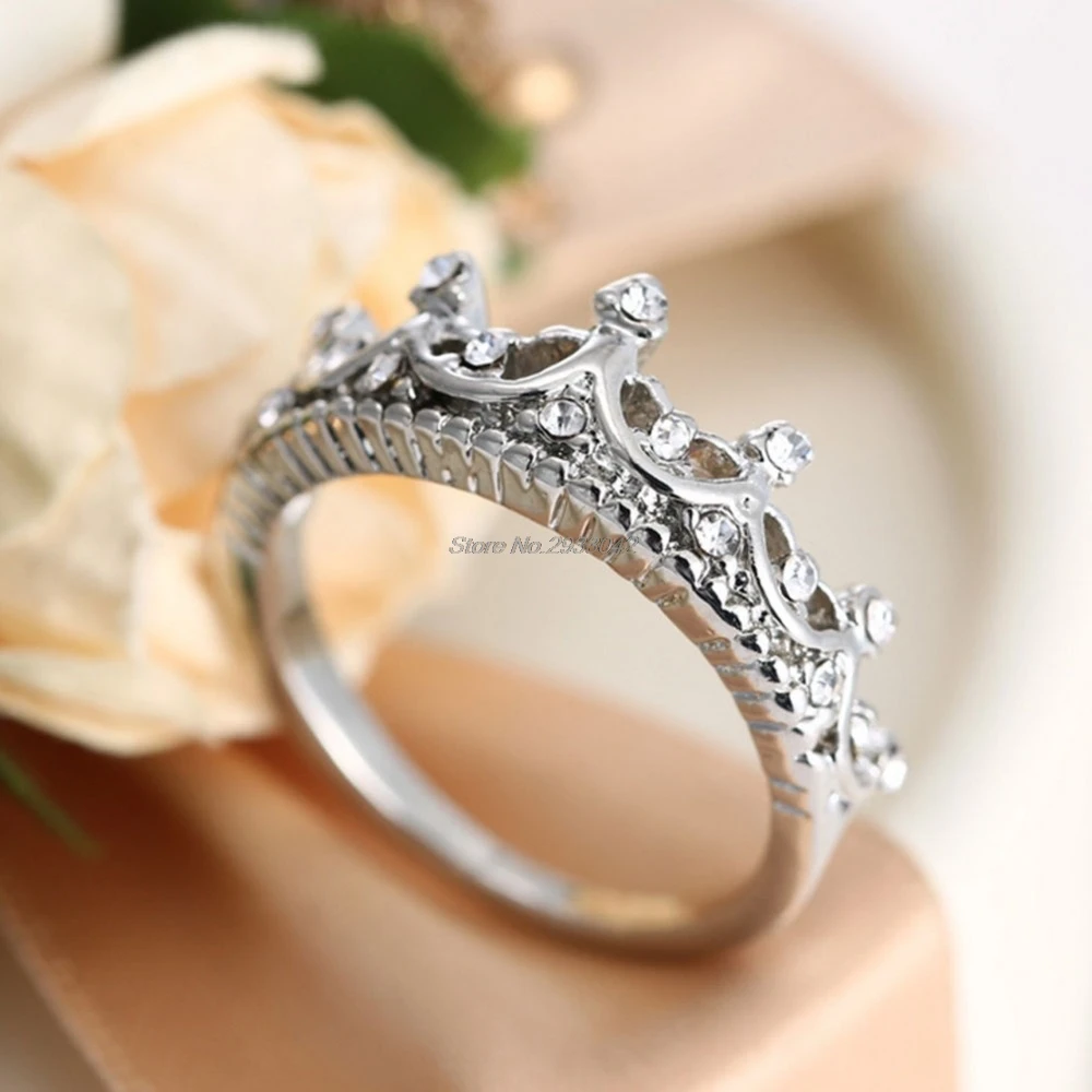 1Pc Silver Color Classic Rhinestone Crown Ring Princess Ring  Engagement Wedding New US Size 6 7 8 9 10