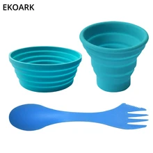 350ml Silicone Folding Tableware Set with Cup/Bowl/Fork, for Camping/Travel, Outdoor silicone Tableware, Food-Grade FDA silicone