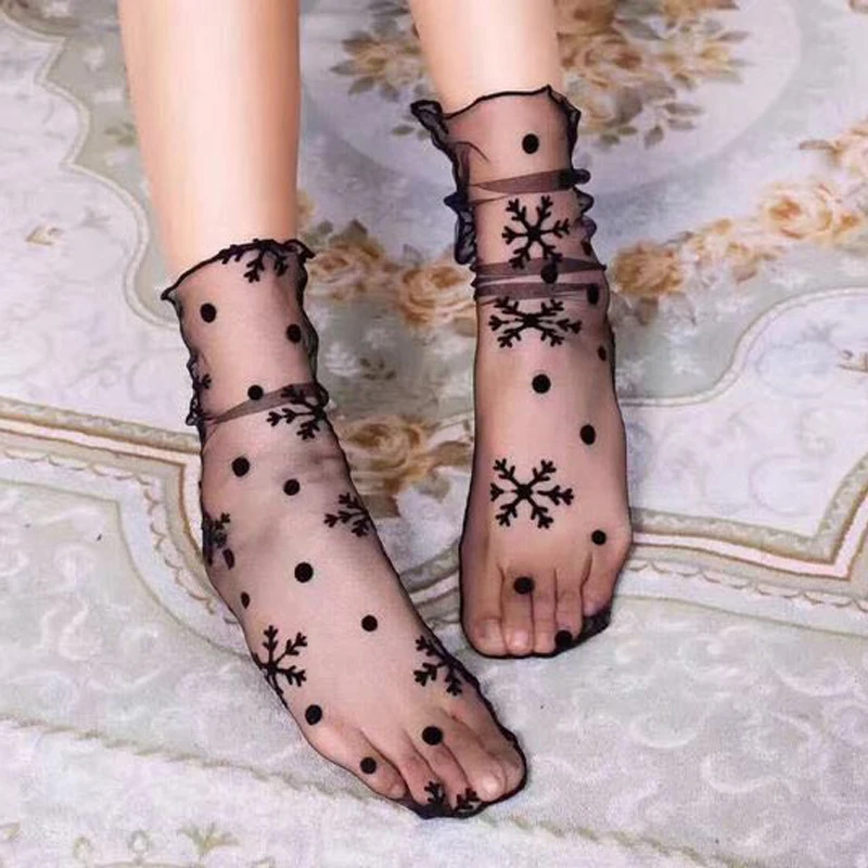Нейлоновые женские носки, летние сетчатые носки, сексуальные черные кружевные шелковые носки с принтом, прозрачные ультратонкие сетчатые носки до лодыжки, Meia