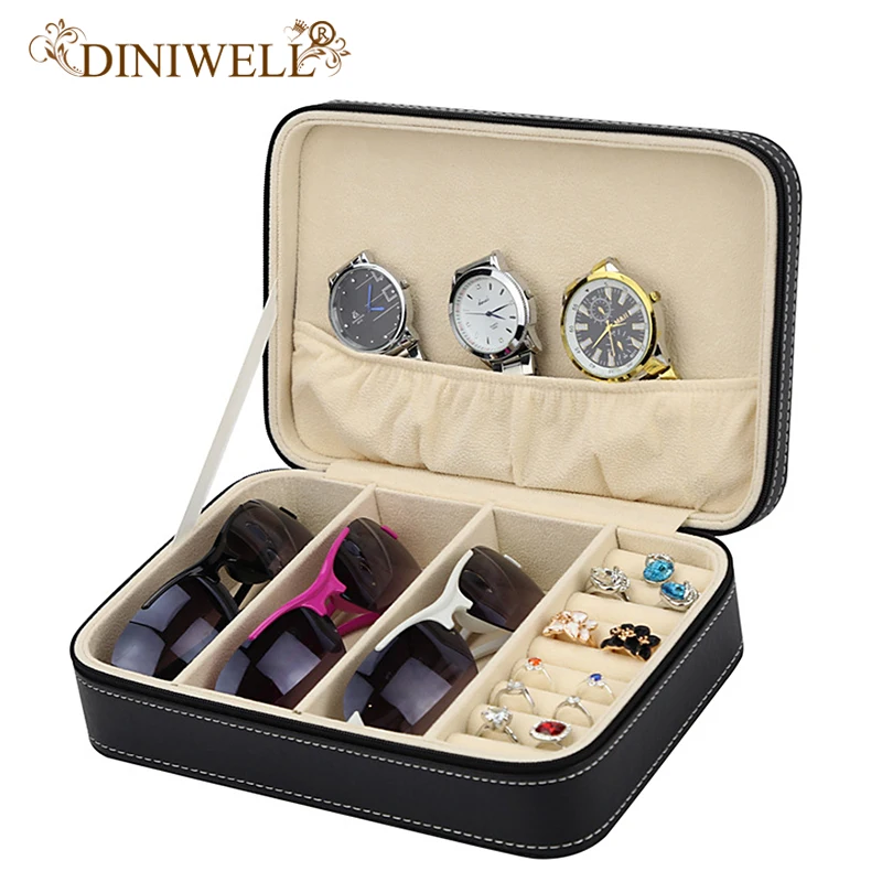 

DINIWELL Multi-Functional Jewelry Storage Box With Zippered Organizer For Ring Earring Glass Holder Display Case
