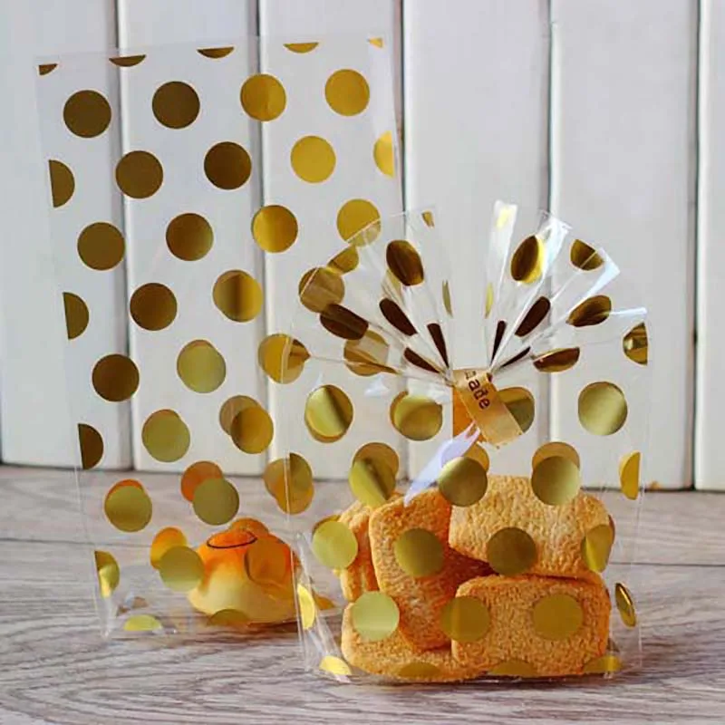 

20pcs/set Gold Hot Polka Dots Cookie Package Gift Bag Candy sack Wedding Birthday Party Transparen Cellophane Bag Gift