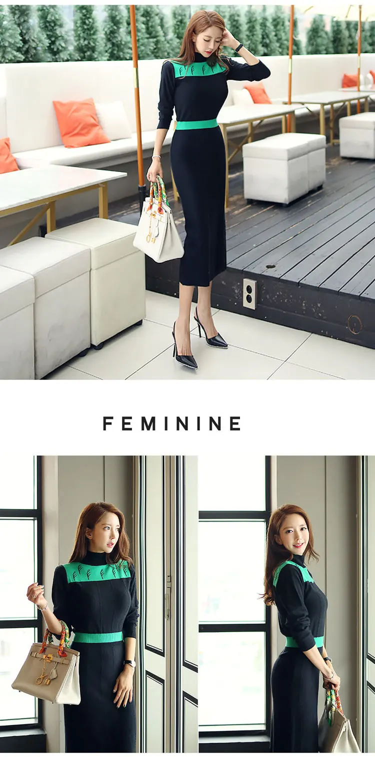 Женское весеннее платье-свитер, корейская мода, контрастный цвет, водолазка, тонкая, длинный рукав, Сельма, Офисная Леди, длинный халат, вязаное платье