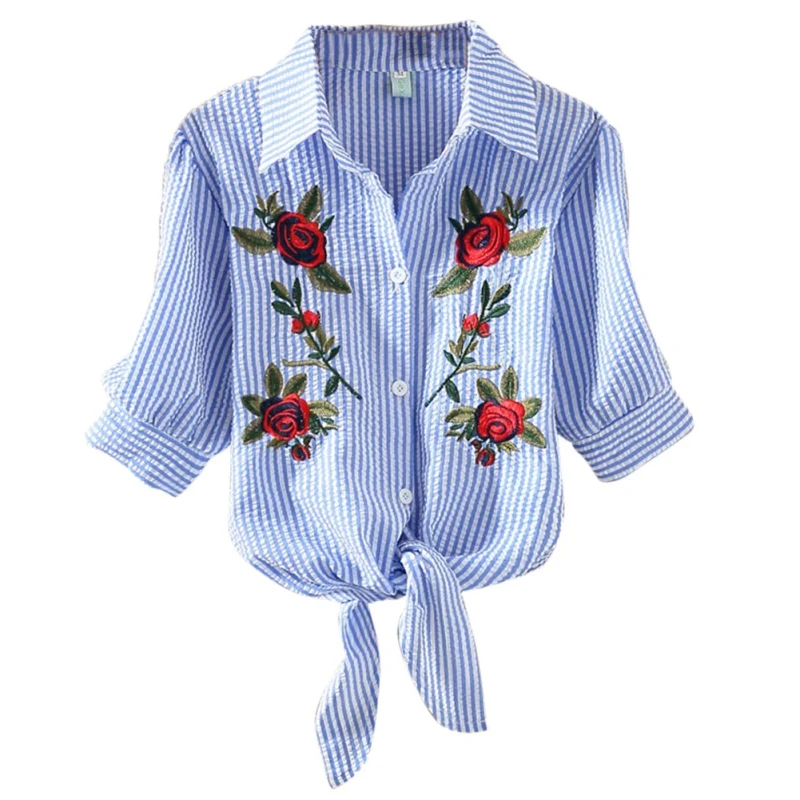 

Embroidery Rose Blouse Blue White Striped Blouses Shirts Tops Women Short Sleeve New Sale