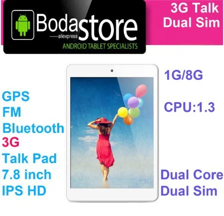 Free Shipping Boda  tablet pc 3G WIFI Bluetooth GPS phone call 7.8 inch tablet with sim card slot MTK8382 Dual core 1G/8G 