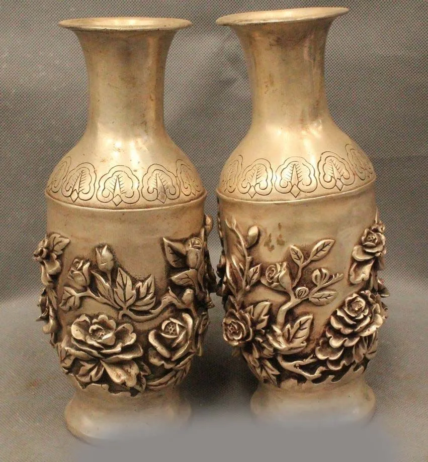 

9" Chinese Dynasty Silver Lucky tree peony orchid butterfly Flower Bottle Vase