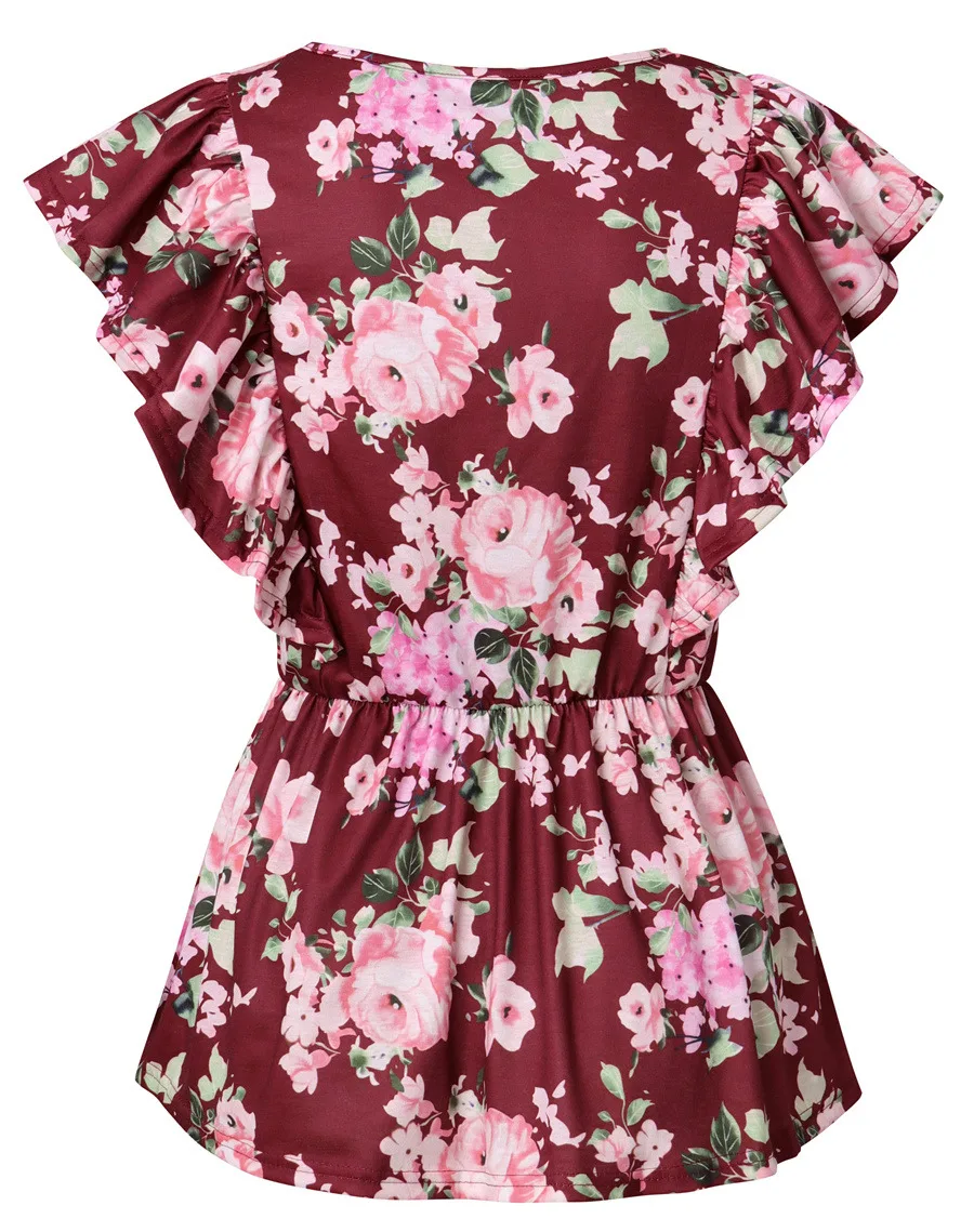 Gladiolus 2018 Floral Print Women T-Shirts O-Neck Butterfly Sleeve Blue Red Slim T Shirt Women Summer Casual Ruffled Ladies Tops (19)