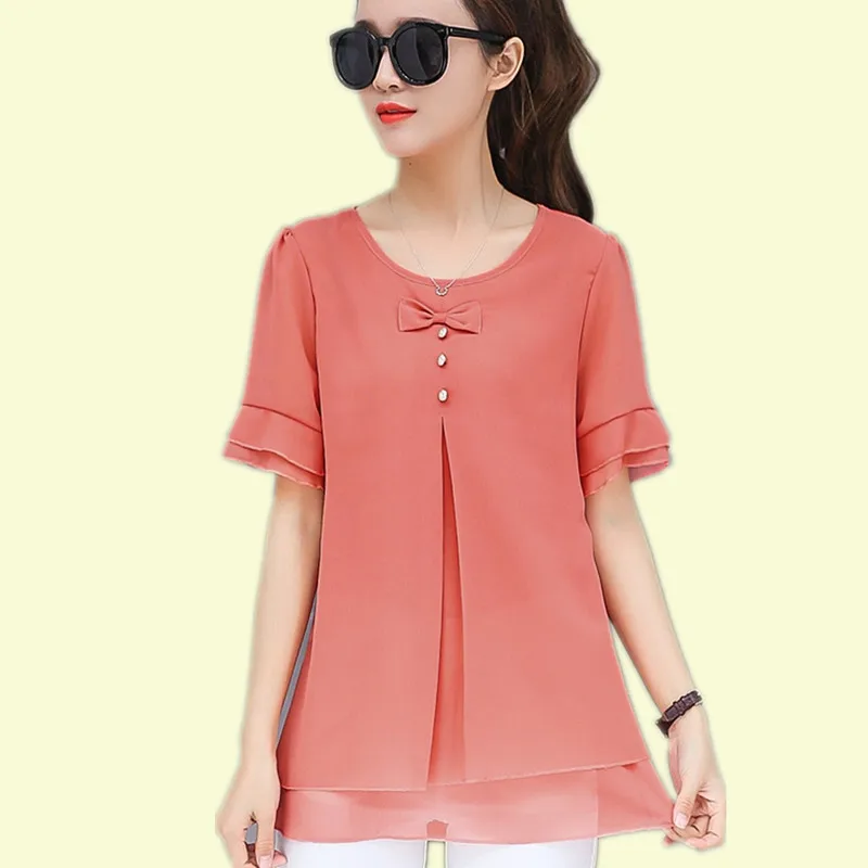 

2019 New Summer Women Tops Shirts O-Neck Flare Sleeve Chiffon Blouses Plus Size Loose Casual Tops Office Shirt Blusas Femininas