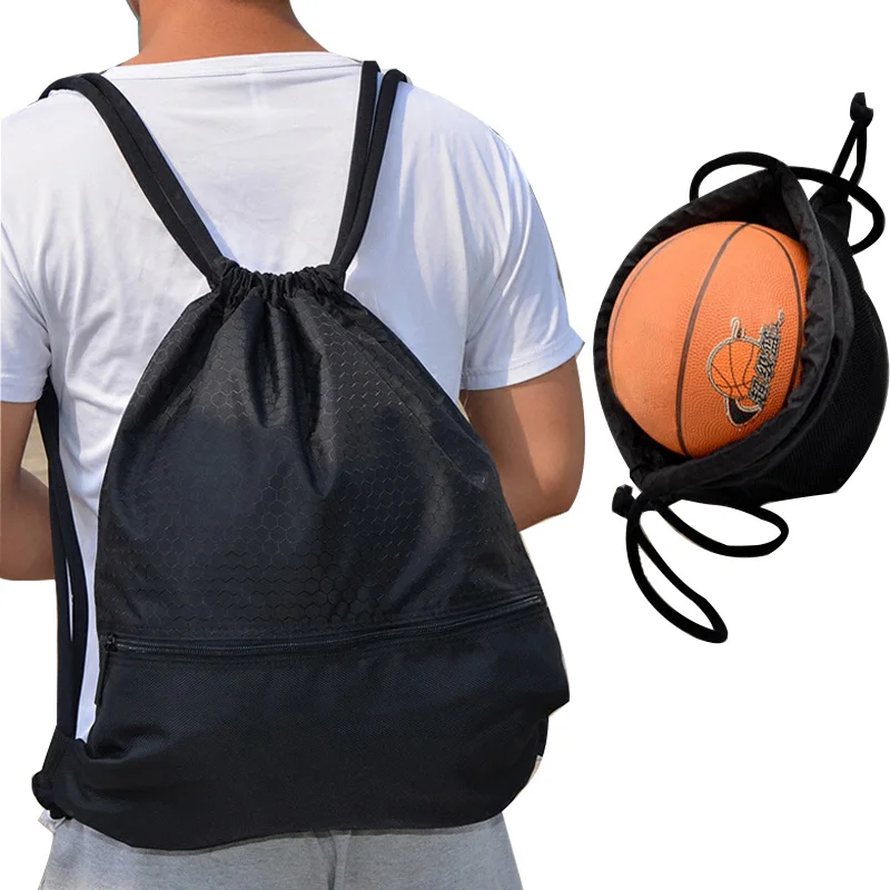 Открытый для женщин мужчин нейлон черный сверхлегкий рюкзак футбол баскетбол мешок шнурок Охота Пешие прогулки тренажерный зал спортивные сумки