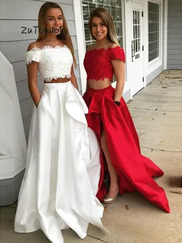 

Red White Two Piece Evening Dresses High Low Off The Shoulders Petite Formal Prom Dress For Junior Top Lace Petite Evening Dress