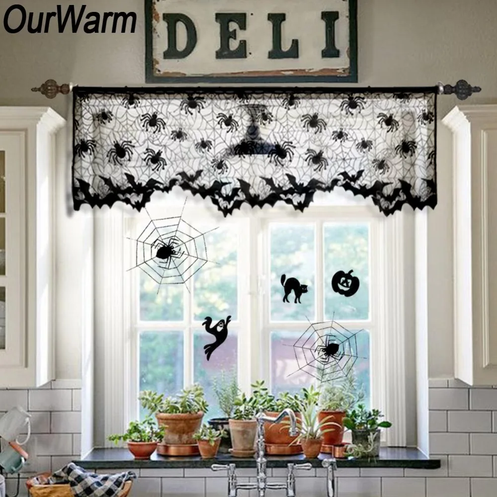 Ouwarm Halloween Window Curtain Black Lace Valance Door Swag