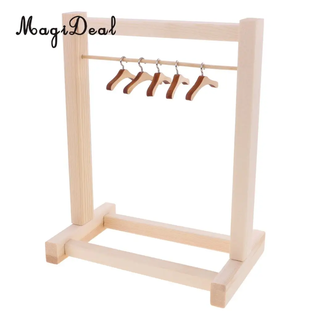 MagiDeal 1Set BJD Doll Wooden Clothes Hanging Shelf for 12 Inch Dollhouse Dolls Clothing Dress Pants Furniture DIY Children Toy