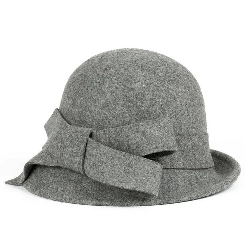 New100% Wool Europe England Fall Winter Women's Fedora Caps Vintage Sun Hats For Woman Lady Wide Brim Wool Felt Bowknot Hat