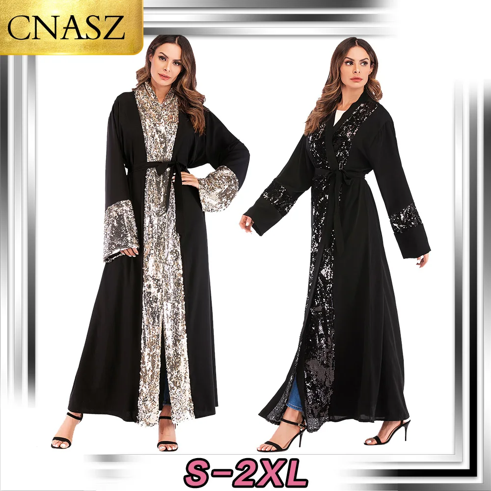 

Free Shipping Dubai Kaftan Women Adults Islamic Sequins Clothing Women Sequin Abaya Dubai Kimono 2019