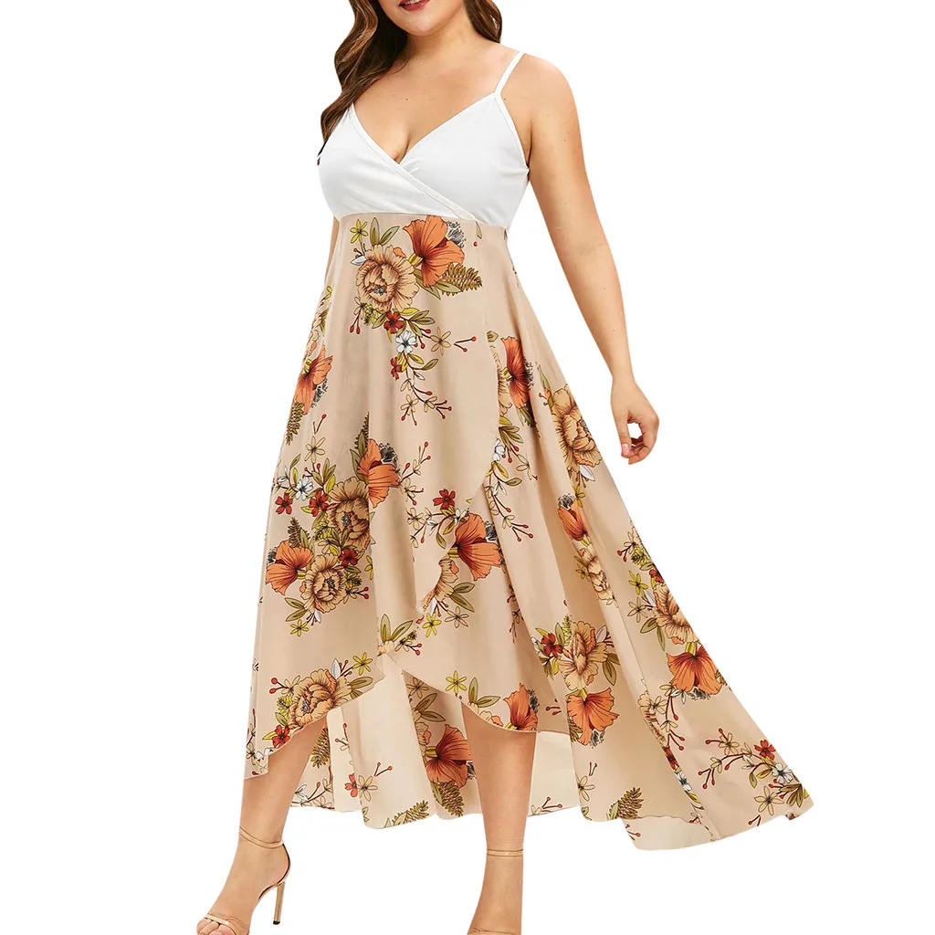 

Women's V-neck sling dress bohemian pleated hem sleeveless large size long dresses seaside holiday casual dress #YL-25